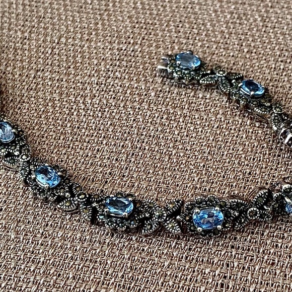 Vintage Jewelry - Vtg Stg Silver Aquamarine & Marcasite Bracelet